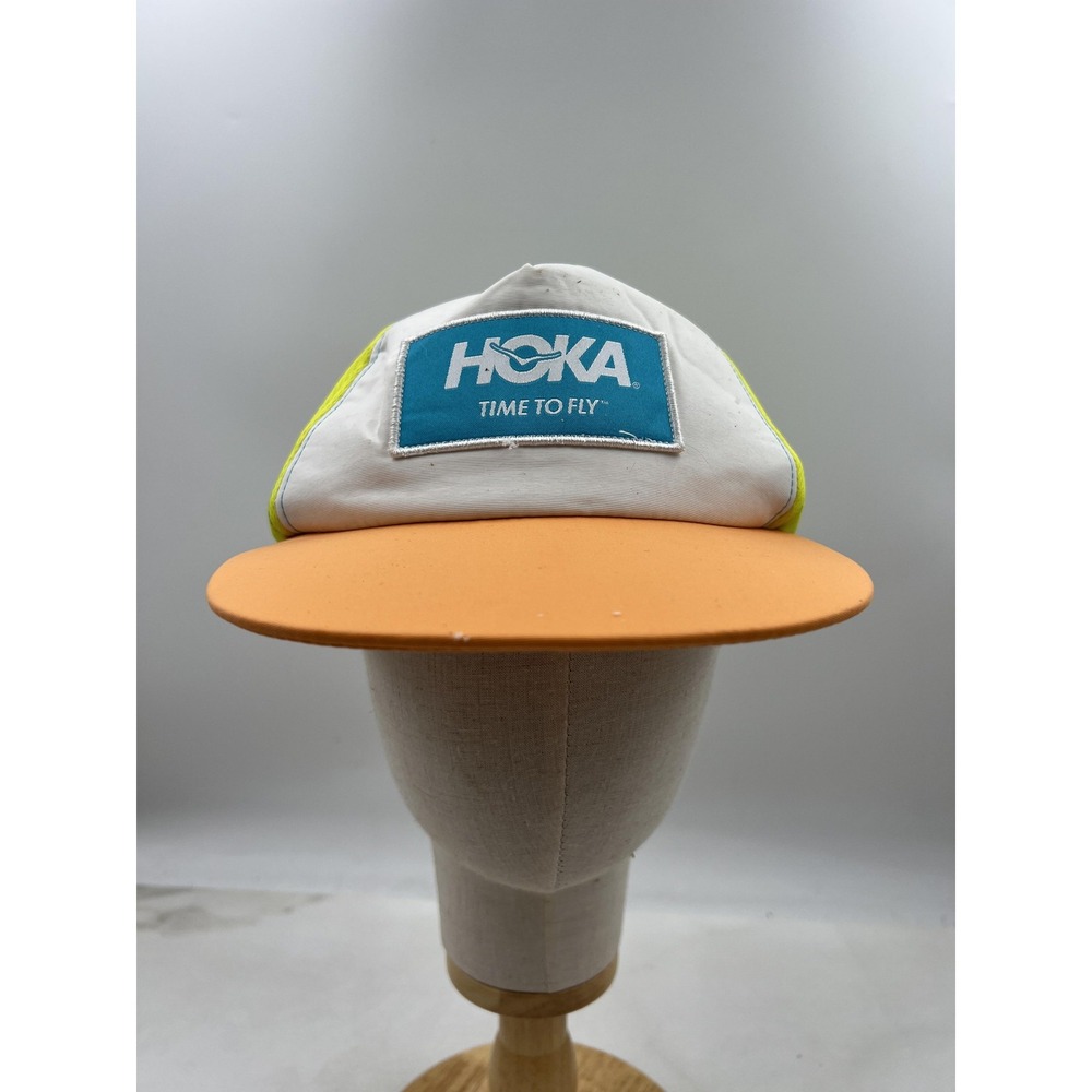 HOKA Hat Cap Strap Back One Size White Neon Yellow Mesh Running Orange Brim Mens